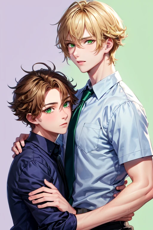 Two masculine men, one is 30 years old,is high, has blonde hair and yellow eyes and the other is 25 years old, has light brown hair and green eyes, both are wearing school clothes, lilac background and telekinesis powers