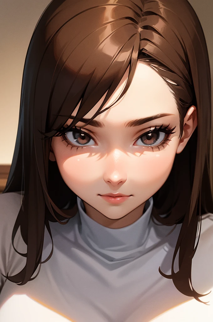 girl, dark brown hair, light brown eyes, dominant look, pretty face, beautiful