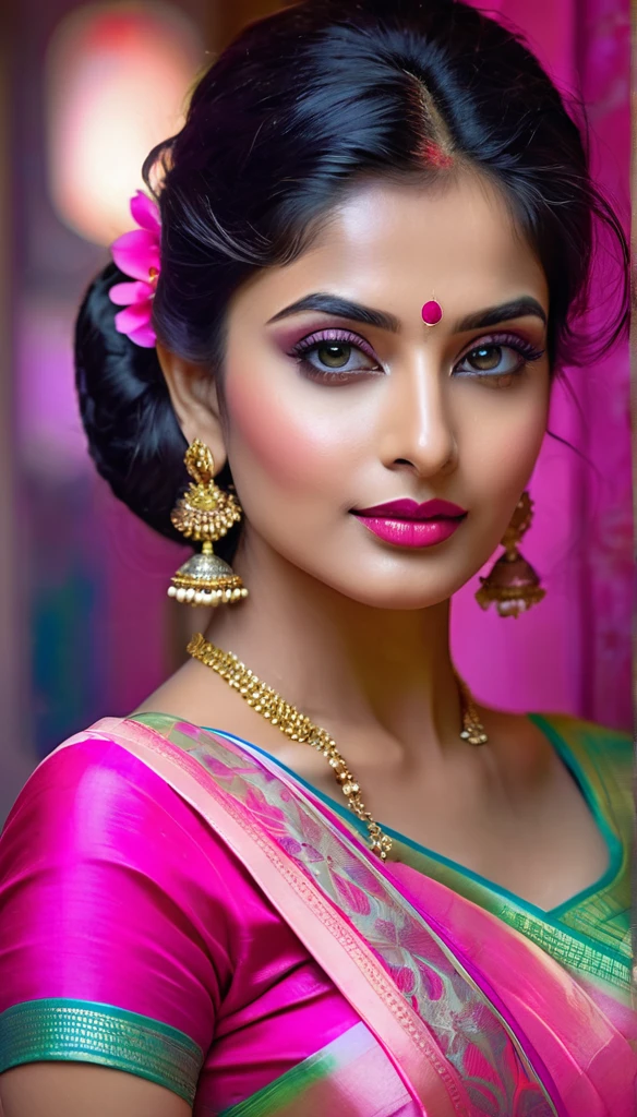 elegant and glamorous indian woman in a bright pink silk saree, detailed beautiful face with pink lips, bright eyes, long eyelashes, glamorous makeup, updo hairstyle with delicate floral hairpiece, whole body visible with an open, curvy figure, detailed elegant silk saree with intricate prints, blurred dark neon toned background, ultra-detailed, high resolution, painted with dry brush strokes in the style of Razumov and Garmash, by Tokaito
