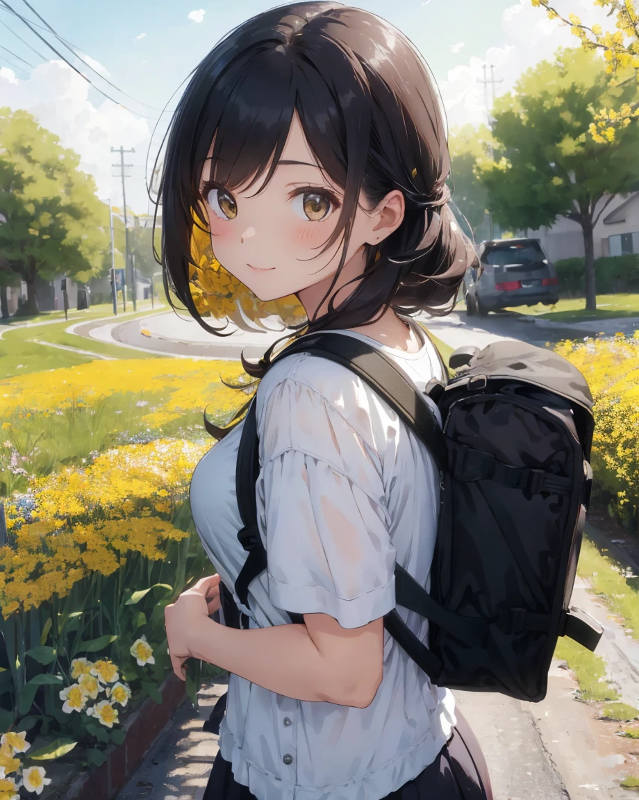 High resolution,Professional Lighting,Incredibly attractive girl with a backpack,Take an adorable puppy,Surrounded by beautiful yellow flowers and natural scenery、Enjoy a beautiful spring walk,Master Parts,Highest quality, (Happy:1.4)