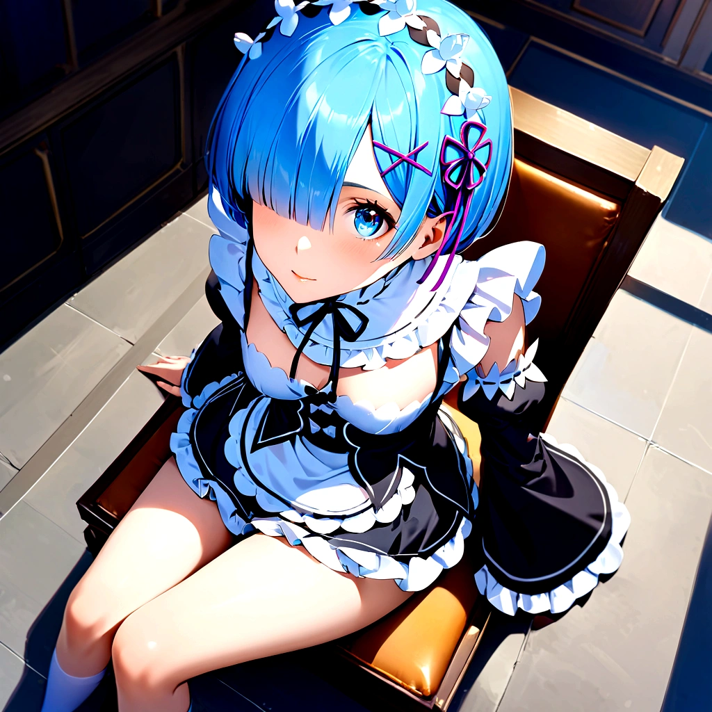 score_9, score_8_up, score_7_up, rem_\(re:zero\)
blue_eyes,hair_over_one_eye,short_hair,blue_hair,hair_ribbon,roswaal_mansion_maid_uniform, 1girl, solo, sitting, crossed legs, from above
Masterpiece, best quality, detailed eyes, perfect face, award winning, hyper-realistic