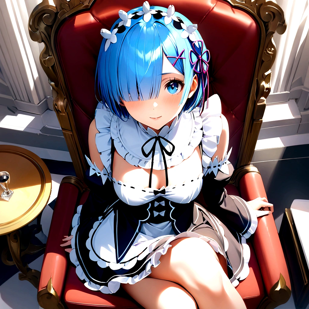 score_9, score_8_up, score_7_up, rem_\(re:zero\)
blue_eyes,hair_over_one_eye,short_hair,blue_hair,hair_ribbon,roswaal_mansion_maid_uniform, 1girl, solo, sitting, crossed legs, from above
Masterpiece, best quality, detailed eyes, perfect face, award winning, hyper-realistic