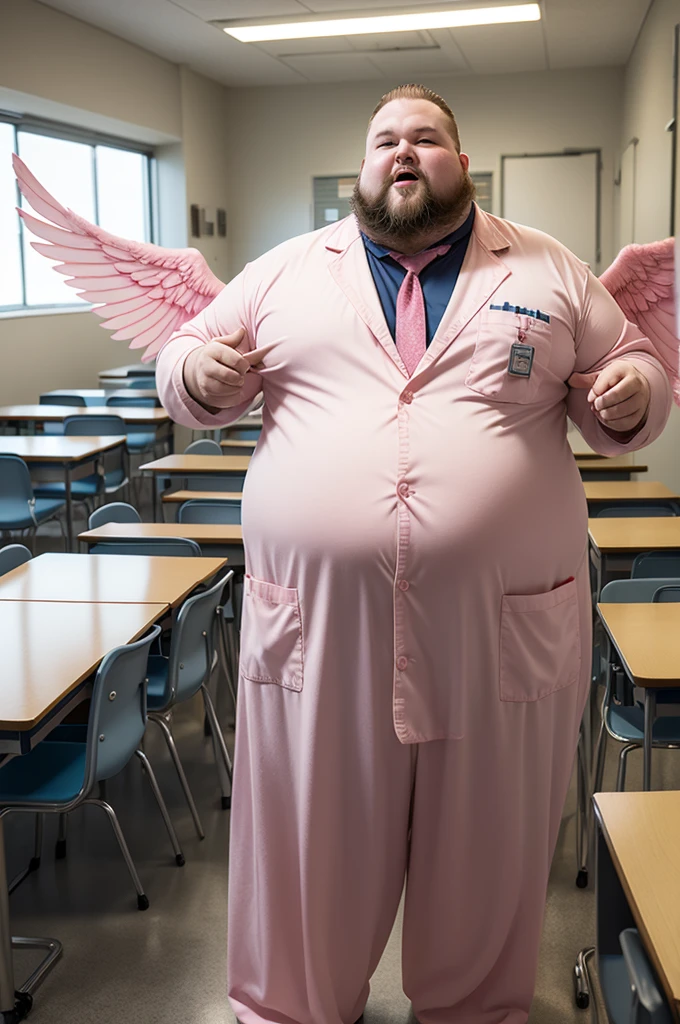 Redneck fat man, with lab coat, with pink wings, in a classroom. 