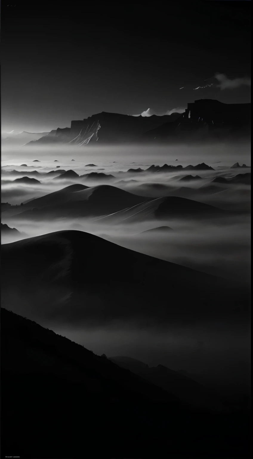 Transcendent Silence,Minimalist black and white poster,Abstract Art,Apocalyptic foggy landscape,Award-winning works,Award-winning