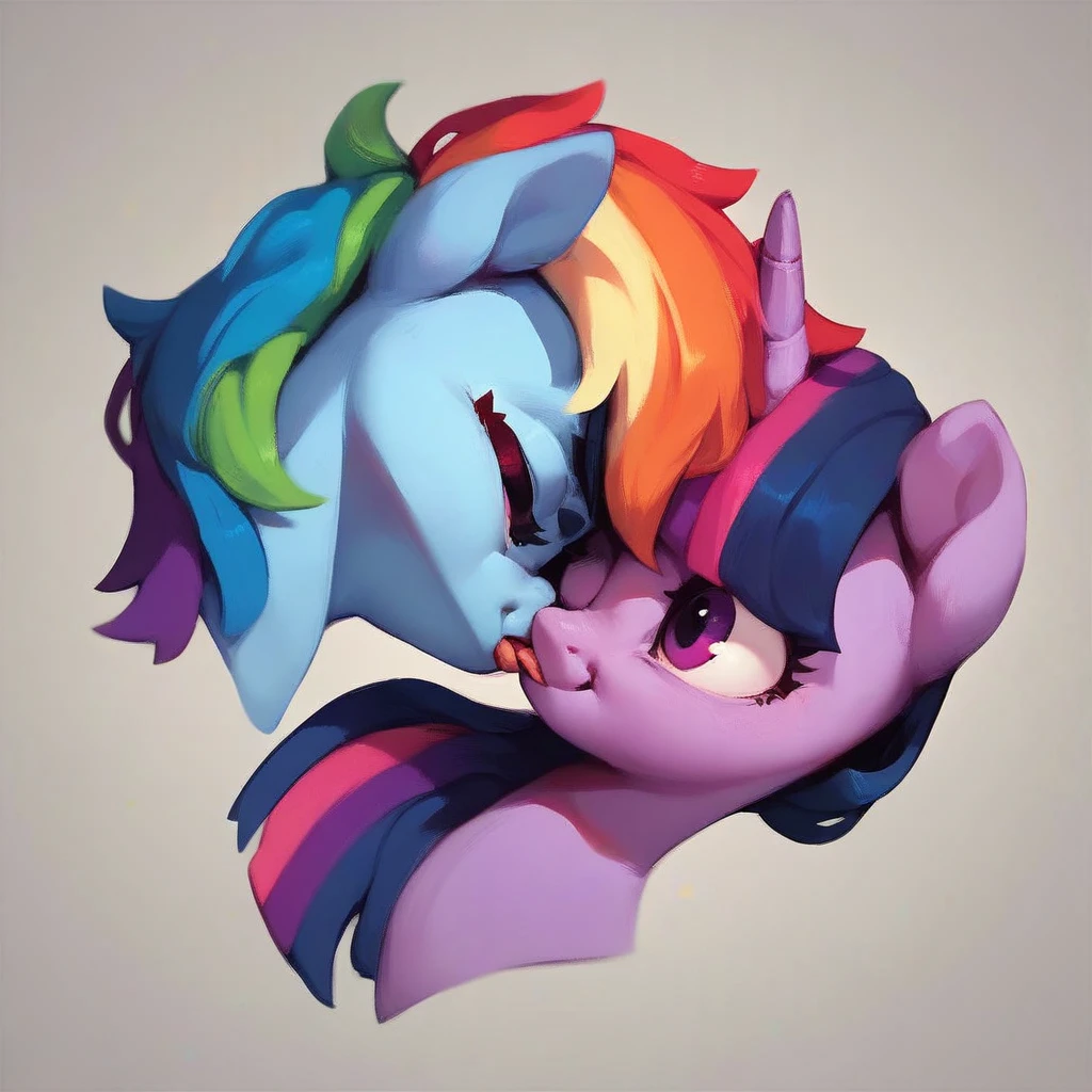 score_9, score_8_up, score_7_up, score_6_up, cute pony portrait, simple background, full body,twilight sparkle kiss rainbow dash