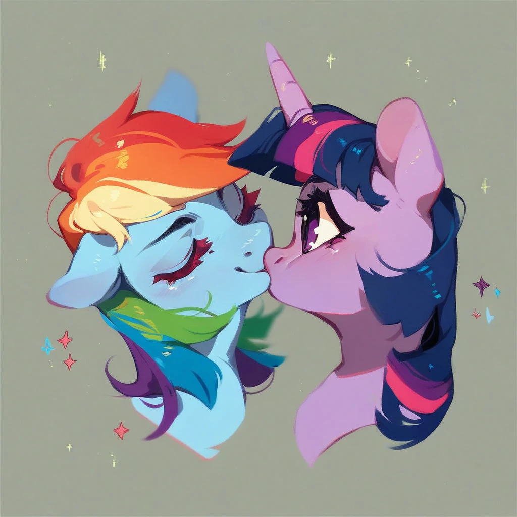 score_9, score_8_up, score_7_up, score_6_up, cute pony portrait, simple background, full body,twilight sparkle kiss rainbow dash
