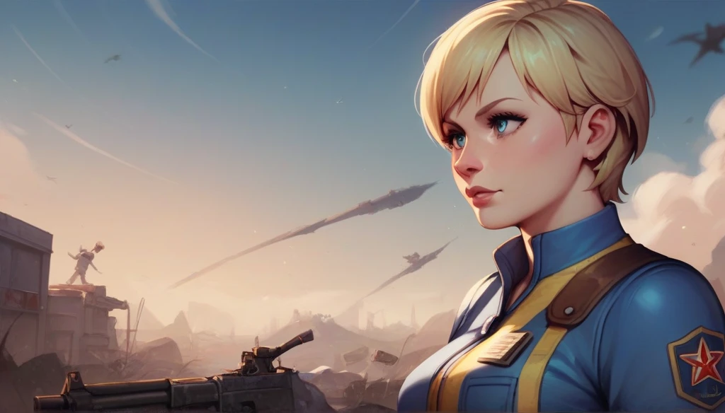 1girl, Sherry Birkin (Resident Evil 6), blonde hair, short hair, vault jumpsuit (fallout games), high resolution, masterpiece