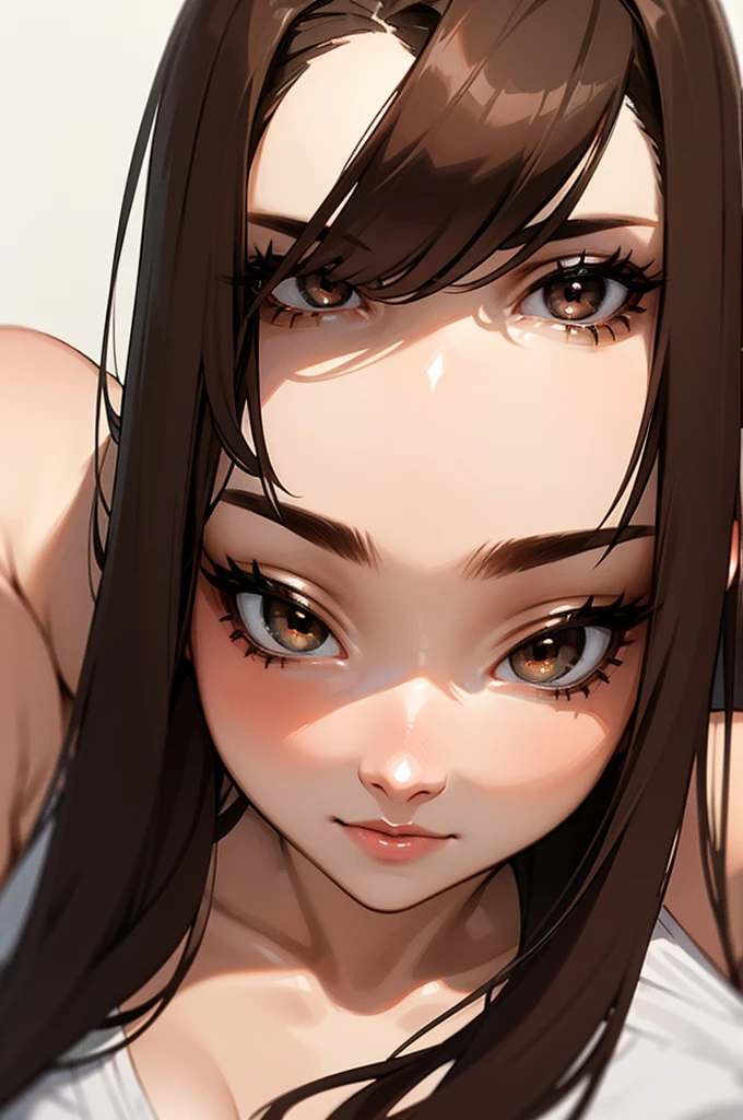 girl, dark brown hair, light brown eyes, dominant look, pretty face, beautiful