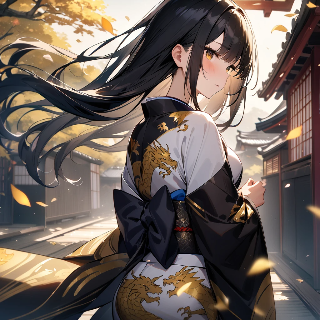 girl,Japanese style,Japanese Pattern,Black Hair,Long Hair,masterpiece, best quality, very aesthetic, absurdres,Gold and Black,Gold Leaf,Japanese styleの背景,Dragon print,Fluttering Kimono