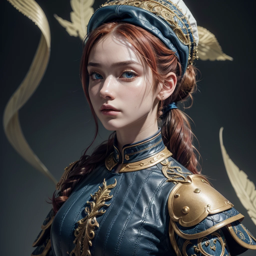 (8K, CRU photo, best qualityer, work of art:1.2), (realisitic, photo-realisitic:1.4), (extremely detailed CG unity 8K wallpaper), a whole body (on its own:1.1) woman wearing gold (leather armour:1.3), sewn worn armor, (incredibily detailed:1.5), gold and (offwhite:1.5), Conceital Art Portrait of Greg Rutkowski, artegerm, Trending Hyper-Detailed, Intricately Detailed Gothic Art on Artstation, Fantastic, intricate-detail, (small blue highlights:1), (redheadwear, wavy hair, high ponytail: 1.4)