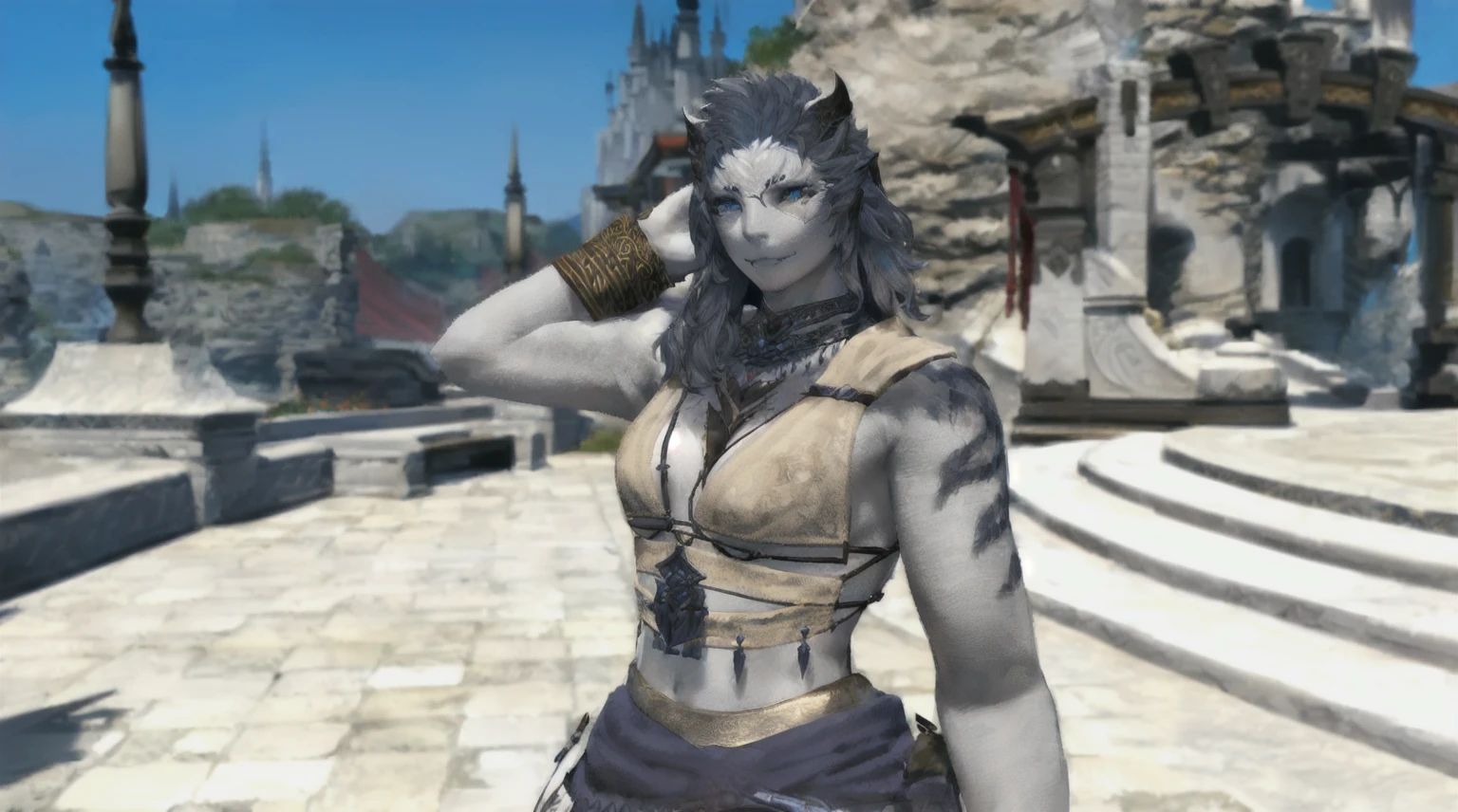 A beautiful female Hrothgar from Final Fantasy 14, pale grey skin, long white hair, detailed facial features, ornate dark clothing, intricate tribal tattoos, standing in a magical fantasy landscape, glowing magical runes, dramatic lighting, cinematic composition, highly detailed, photorealistic, 8k, masterpiece