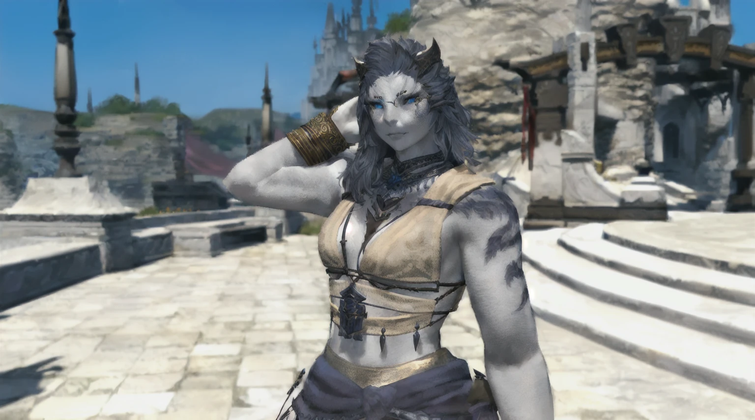 A beautiful female Hrothgar from Final Fantasy 14, pale grey skin, long white hair, detailed facial features, ornate dark clothing, intricate tribal tattoos, standing in a magical fantasy landscape, glowing magical runes, dramatic lighting, cinematic composition, highly detailed, photorealistic, 8k, masterpiece