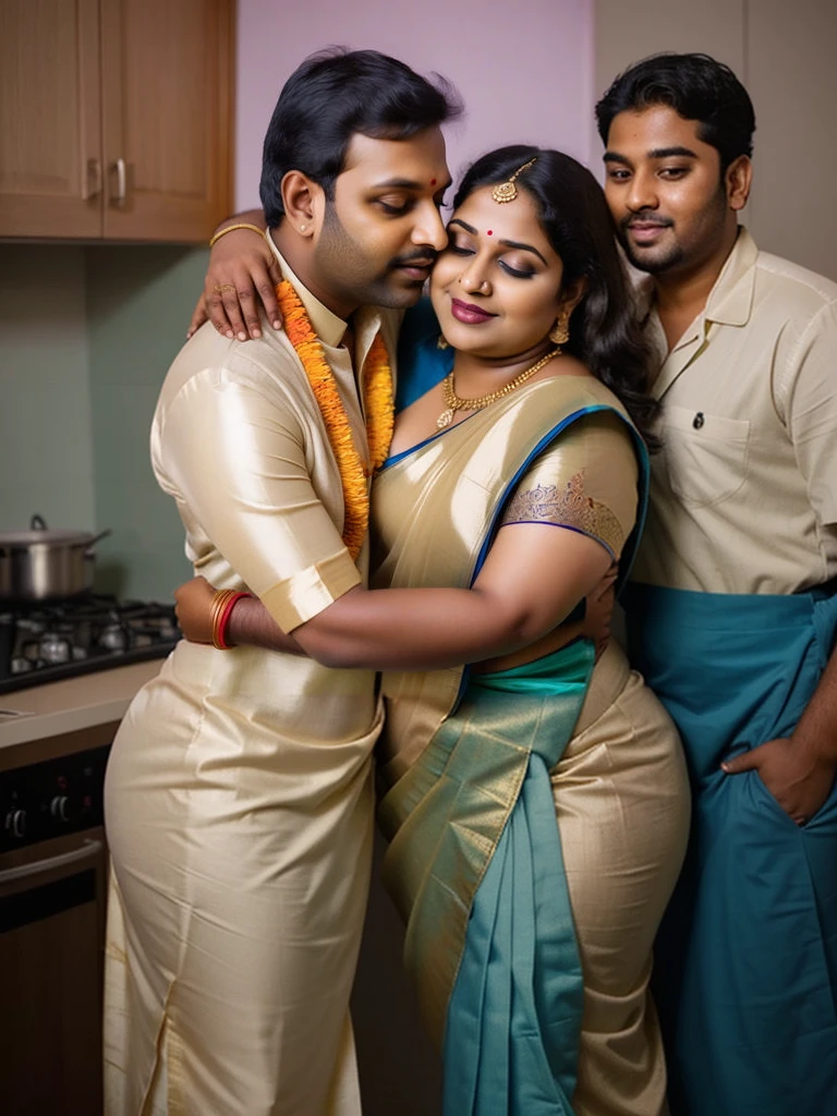 A radiant, full-figured South Indian plus-sized 30 year old teacher wearing a cream silky saree tenderly hugging and kissing a group of jubilant 20-year-old men in kitchen, captured in a full-body image with vibrant hues and meticulous details.
