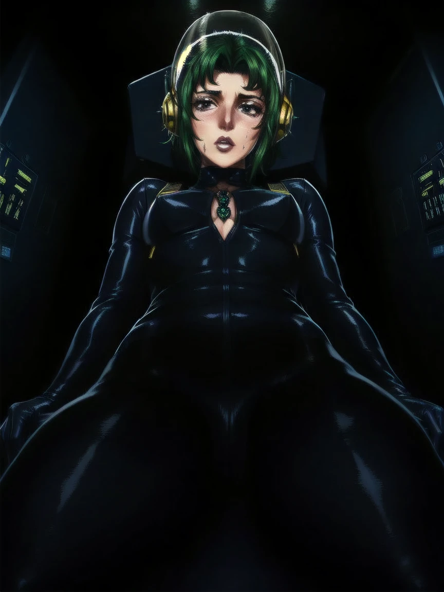 ((gothic vampire piloting in gothic spacecraft)), (((retro anime))), (from below), ((120 fov)), ((((gothic)) control panels)), ((mature)), (((gothic))), iridescent bodysuit, ((lace accessories)), ((pilot seat)), ((((lying back)) pose)), ((elegant)), (((serious tone))), ((cockpit top control panel)), intricate control panel details, (close-up), 1990s (style), [blushing], [sweat], masterpiece, ((claustrophobic)), sparkles, best quality, screens, ((pilot met)), ((hands on controls)), night, (cockpit lights)