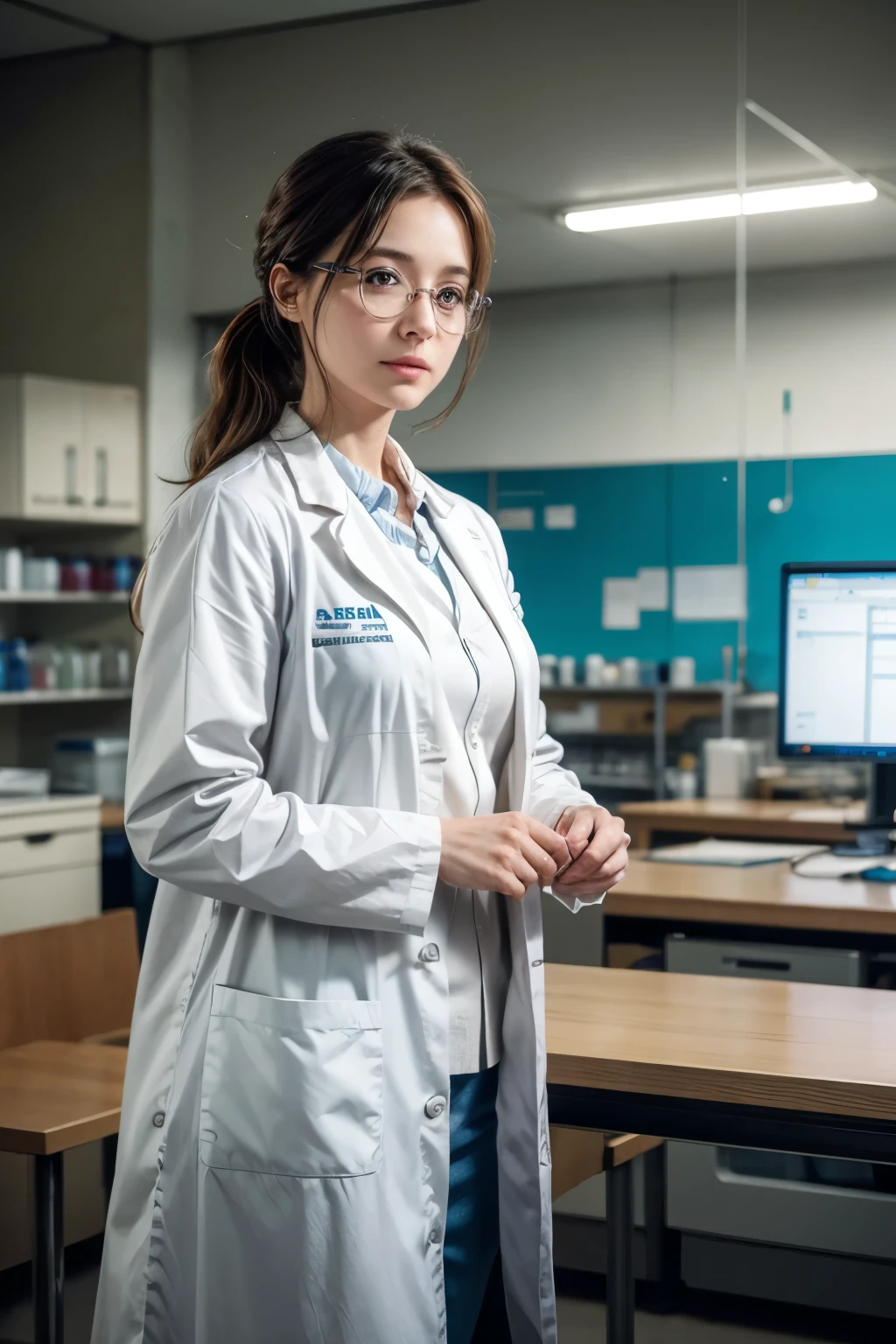 Realistic photo of a 45 year old woman in a lab coat, tied hair, sincere look that conveys confidence. is in a laboratory, In the background there is a bench with various glassware and laboratory materials.