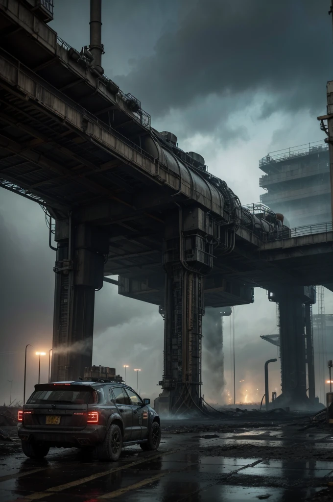 Create an ultra-realistic image of a dystopian, futuristic factory where advanced machinery extracts energy resources, using human slaves in a bleak and oppressive environment. The factory complex should be enormous, with towering structures made of dark, corroded metal and integrated advanced technology.
The scene should be dominated by colossal machines with intricate designs, including robotic arms, massive drills, and energy conduits. These machines should have a mix of sleek and industrial aesthetics, with glowing indicators and moving parts that convey relentless activity.
Human slaves should be seen laboring under harsh conditions, wearing tattered and grimy clothing. Their expressions should reflect exhaustion and despair as they work in dangerous and grueling tasks. Robotic overseers, equipped with advanced weaponry and surveillance capabilities, should monitor and control the human workers. These overseers should have a cold, mechanical appearance with red or blue glowing eyes.
The environment should be dark and foreboding, with thick smoke and steam billowing from large exhaust pipes. The factory floor should be cluttered with debris, discarded machinery parts, and pools of toxic waste. Bright, artificial lighting should cast harsh shadows, emphasizing the stark and grim nature of the setting.
In the foreground, depict a large energy extraction apparatus drilling into the ground, with streams of glowing energy being harvested and transported through transparent tubes. Surround this apparatus with smaller machines processing and refining the energy resources.
In the background, massive storage tanks and reactors should loom, connected by a network of pipes and conveyor belts. The sky above should be filled with dark clouds and pollution, with occasional lightning flashes illuminating the factory complex.
Ensure the overall quality is photorealistic, capturing every intricate detail of the machinery, the human laborers, and the dystopian environment.