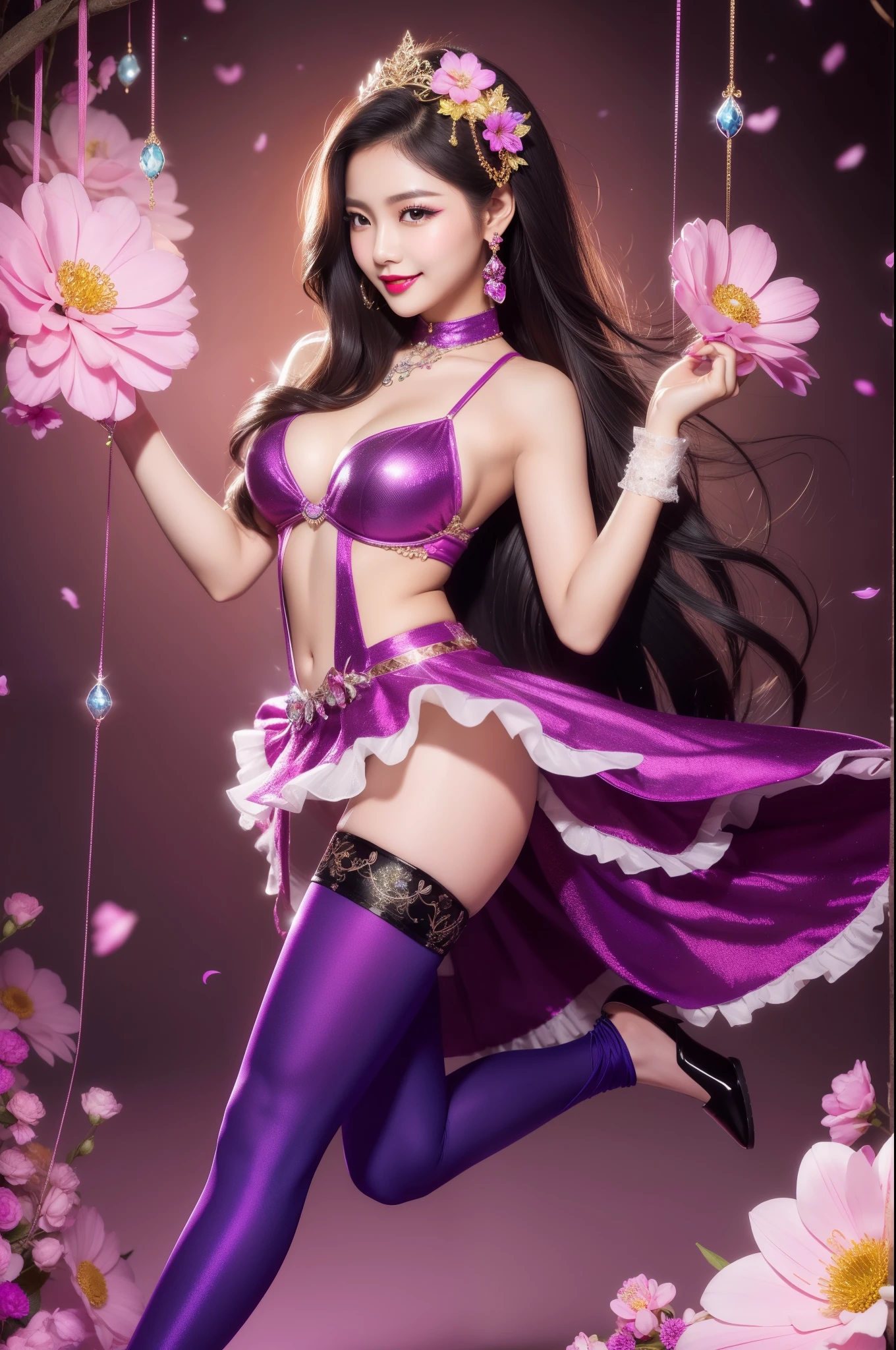 sexy Thai model who controls poison、beautiful smile、lip-gloss、bold lipstick、long lasheetallic makeup、look at the camera、full body Esbian、、sparkling poisoned flower costume、、、、sparkling Colorful hair、secrete poison、skull hair accessories、sexy tights、shiny sparkling flowers background