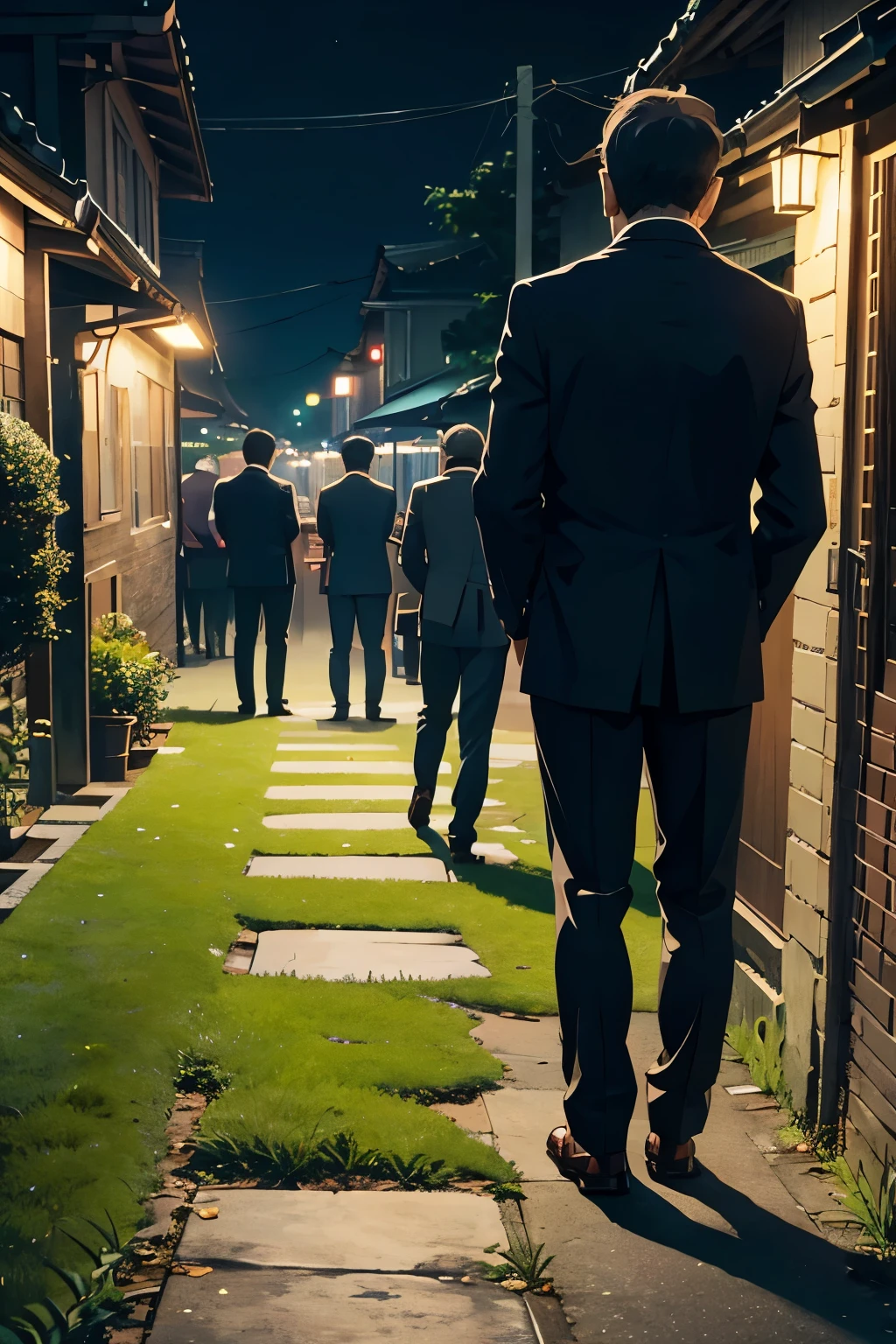 The feet of a middle-aged man standing in a queue on the grass、Angle from behind、Slacks and leather shoes、Dark and mysterious atmosphere at night