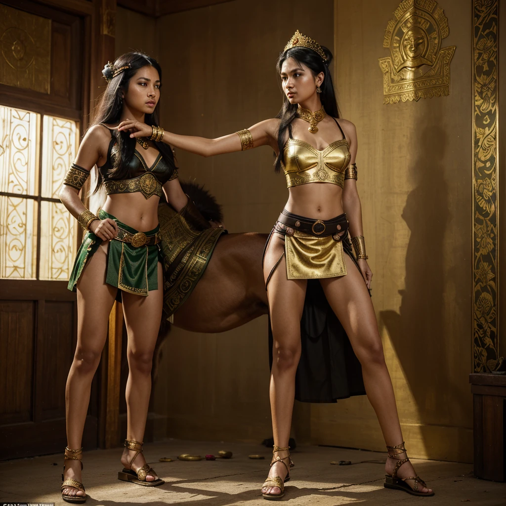 The captivating cinematic scene unfolds in high definition, featuring a photo-realistic poster titled "SANG SRIKANDI" in stylish gold letters. The work of art depicts a beautiful young princess (detailed skin, detailed face), black hair (straight, long), unique headband and intricate gold ornaments (typical Javanese), wearing a green bustier, green cloth obi, black calf-length trousers with gold embroidery on the edges, a gold-ornamented belt and Javanese batik cloth with complicated and unique motifs down to the knees, black strappy leather sandals and his stance of aiming arrows in action. holding a mystical arrow that radiated golden light. Riding a black horse, facing the camera (eyes looking in the direction of shooting). battle arena background, many royal soldiers holding weapons, dust, smoke, dramatic. Through a double exposure technique, the image blends perfectly with Indonesia's majestic Borobudur temple and warring royal troops, creating a dynamic composition that combines mythological power with historical grandeur. Bright colors increase the intensity of the scene. This poster promises an epic narrative of courage, wisdom and timeless cinematic fighting spirit, typography