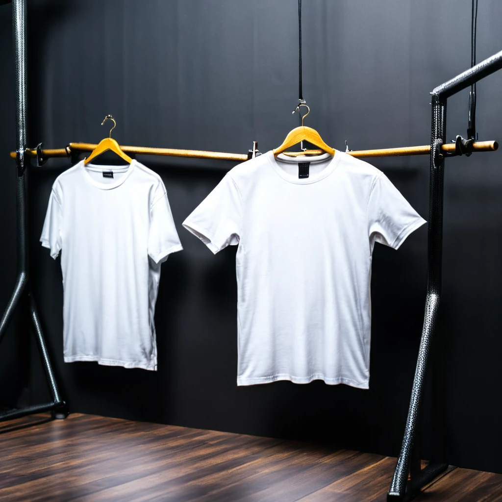 mockup of plain white t-shirts, oversized model, hanging on hangers. The image must show at least three t-shirts hanging, highlighting the back side, with a dark gym/factory background, to highlight the t-shirts. The featured t-shirt must show the back and the others shown from the front. Furthermore, the image should allow for easy addition of designs or images on the t-shirts in the mockup. T-shirts must be well defined and in high resolution