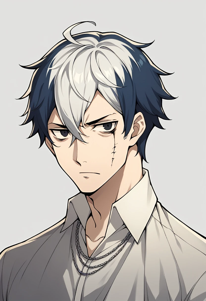 boy, , dark blue hair, one white hair strand, black eyes, fear expression