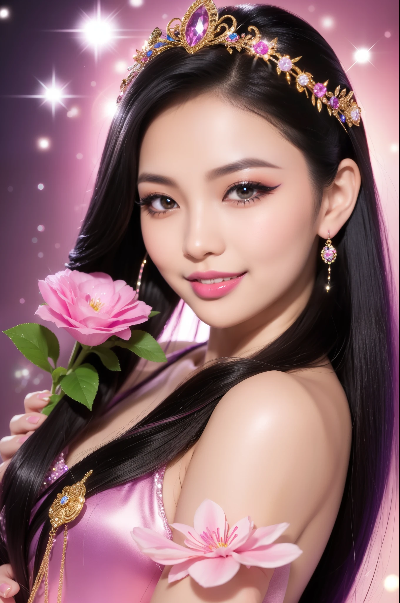 sexy Thai model who controls poison、beautiful smile、lip-gloss、bold lipstick、long lashes、defined eyebrows、vivid eye-shadow、look at the camera、full body Esbian、、sparkling poisoned flower costume、、、、sparkling Colorful hair、secrete poison、skull hair accessories、sexy tights、shiny sparkling flowers background