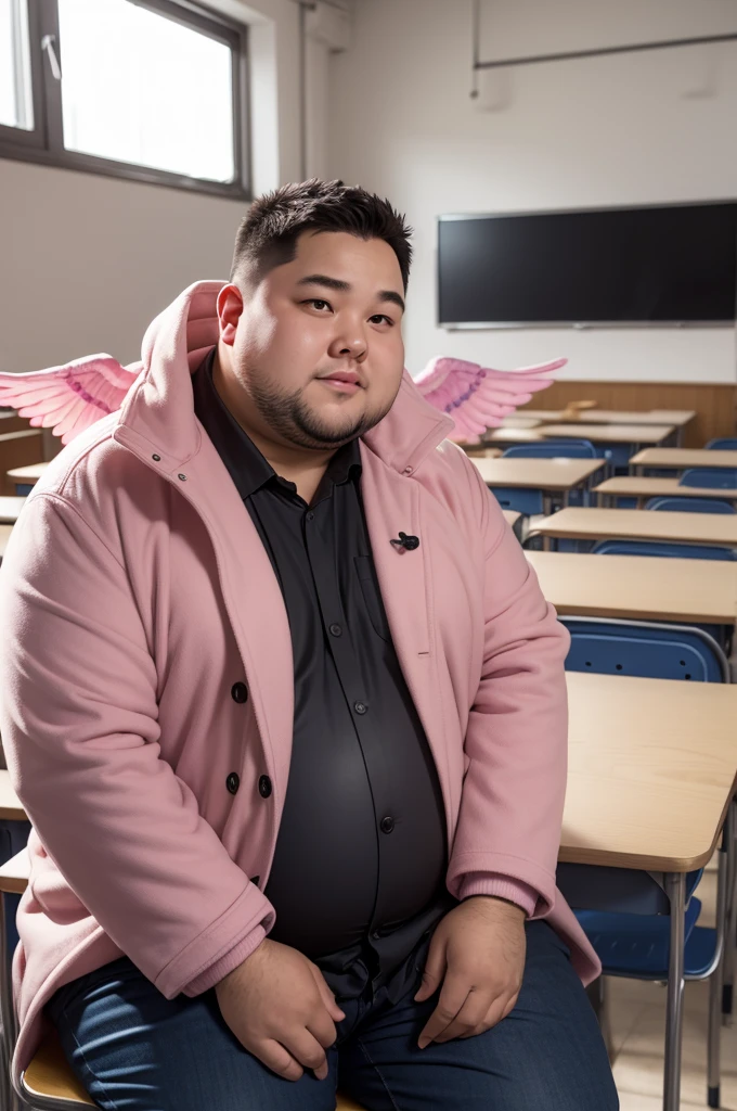 slightly fat man, with a coat with pink wings, in a classroom.