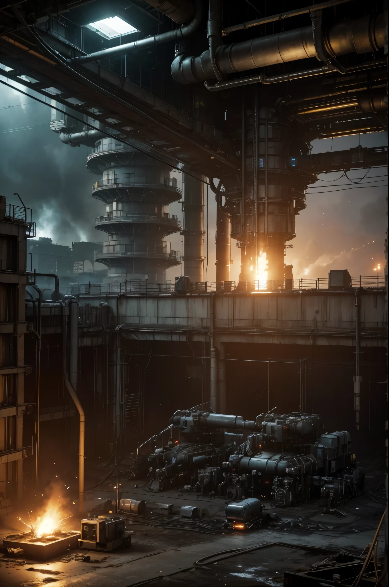 Create an ultra-realistic image of a dystopian, futuristic factory where advanced machinery extracts energy resources, using human slaves in a bleak and oppressive environment. The factory complex should be enormous, with towering structures made of dark, corroded metal and integrated advanced technology.

The scene should be dominated by colossal machines with intricate designs, including robotic arms, massive drills, and energy conduits. These machines should have a mix of sleek and industrial aesthetics, with glowing indicators and moving parts that convey relentless activity.

Human slaves should be seen laboring under harsh conditions, wearing tattered and grimy clothing. Their expressions should reflect exhaustion and despair as they work in dangerous and grueling tasks. Robotic overseers, equipped with advanced weaponry and surveillance capabilities, should monitor and control the human workers. These overseers should have a cold, mechanical appearance with red or blue glowing eyes.

The environment should be dark and foreboding, with thick smoke and steam billowing from large exhaust pipes. The factory floor should be cluttered with debris, discarded machinery parts, and pools of toxic waste. Bright, artificial lighting should cast harsh shadows, emphasizing the stark and grim nature of the setting.

In the foreground, depict a large energy extraction apparatus drilling into the ground, with streams of glowing energy being harvested and transported through transparent tubes. Surround this apparatus with smaller machines processing and refining the energy resources.

In the background, massive storage tanks and reactors should loom, connected by a network of pipes and conveyor belts. The sky above should be filled with dark clouds and pollution, with occasional lightning flashes illuminating the factory complex.

Ensure the overall quality is photorealistic, capturing every intricate detail of the machinery, the human laborers, and the dystopian environment. 