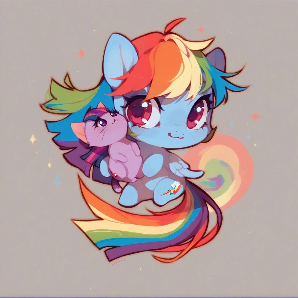 score_9, score_8_up, score_7_up, score_6_up, cute pony portrait, simple background, full body,twilight sparkle kiss rainbow dash,cute chibi,cat pijamas,