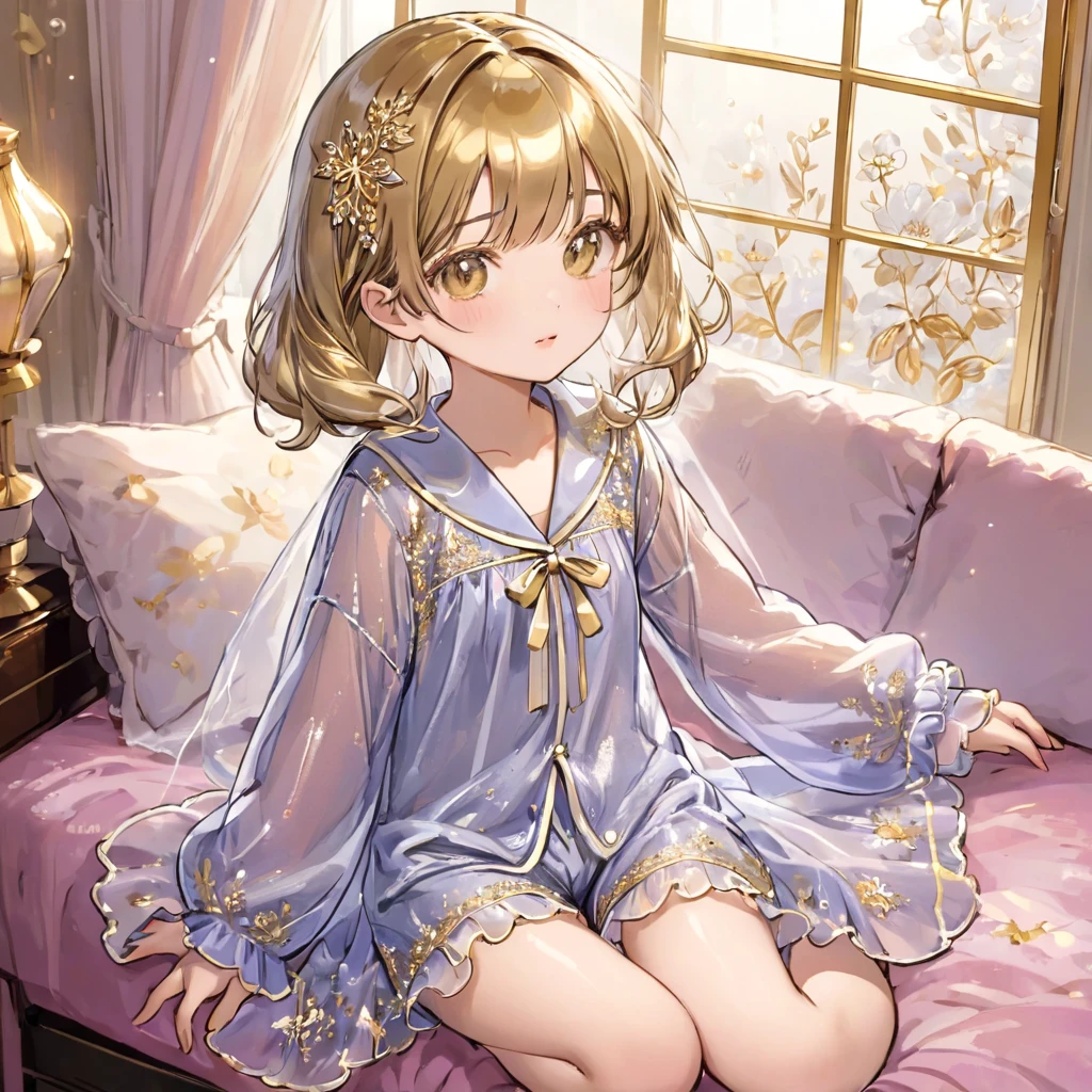 8-year-old girl, １people、Pajamas、Gold and silver thread embroidery、Wearing semi-transparent bloomers that reach down to the knees、Translucent slip