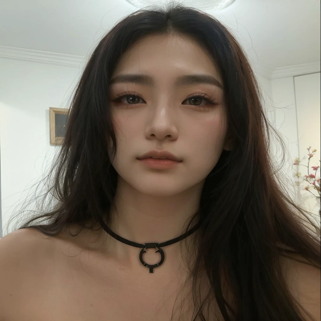there is a woman with a chokehold on her neck posing for a photo, 27 years old, wearing choker, 28 years old, south korean man, 29-years-old, choker on the neck, 18 years old, wearing choker preta, 23 year old, 22 years old, cruel korean goth girl, Attractive neck, cute japanese demon boy
