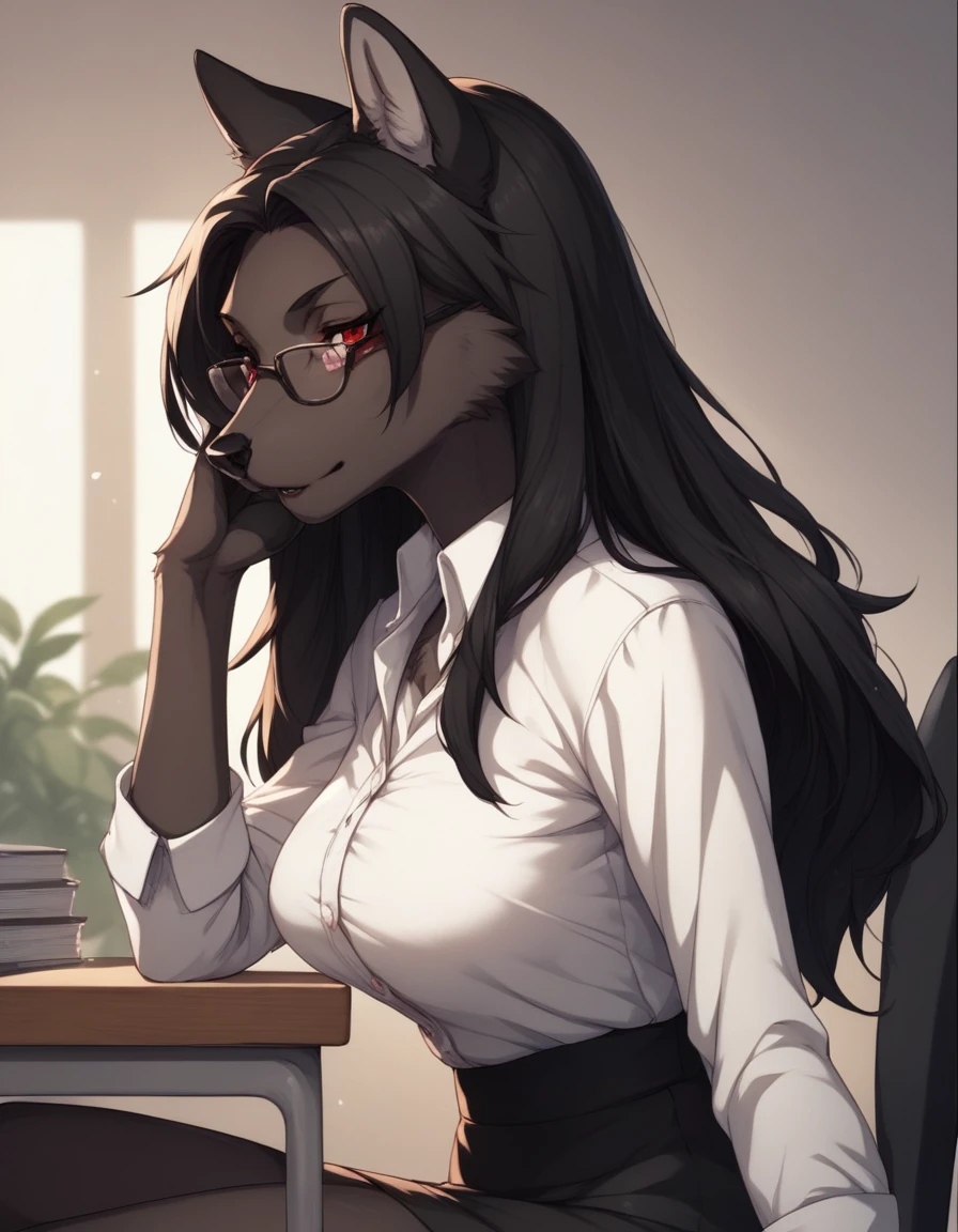 score_9,score_8_up,score_7_up, source_cartoon, kemono style, Natasha, an anthro furry wolf girl, long black hair, straight hair, red eyes, cute snout, black nose, all dark grey furry body, tall, medium breasts, wearing elegant black glasses,  white shirt, black short skirt, indoors, sitting on an office chair, indoors, her legs are crossed,  sultry expression, leaning on a desk, seductive pose, upper body shot, portrait, side view 