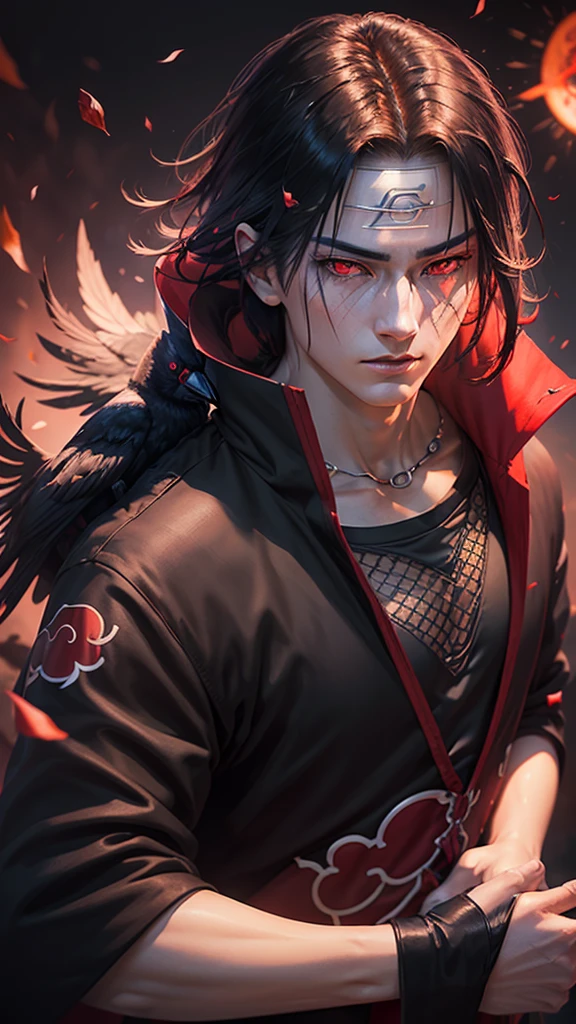 A captivating Dutch-shot of Itachi, his magnificent red crystalline Sharingan eyes awakening and emitting a radiant reflective red light, against a background of falling crow's feathers, 4k, UHD, HDR, ultra-detailed, realistic, photorealistic, sharp focus, physically-based rendering, vivid colors, studio lighting, masterpiece