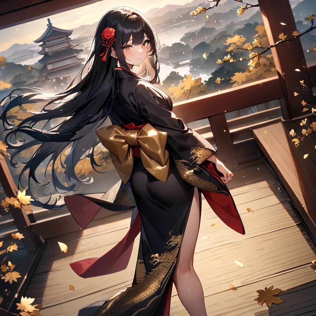 girl,Japanese style,Japanese Pattern,Black Hair,Long Hair,masterpiece, best quality, very aesthetic, absurdres,Gold and Black,Gold Leaf,Japanese styleの背景,Dragon print,Fluttering Kimono,Butt