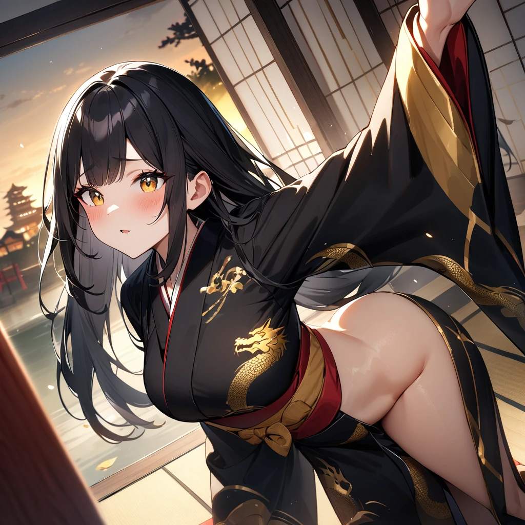 girl,Japanese style,Japanese Pattern,Black Hair,Long Hair,masterpiece, best quality, very aesthetic, absurdres,Gold and Black,Gold Leaf,Japanese styleの背景,Dragon print,Fluttering Kimono,Butt