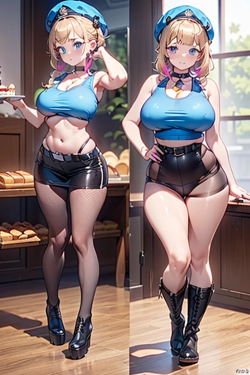 (perky chest:1.2), (pointed chest:1.2),(((Black Tunic:1.3))),(((cakes and bread in the basket),Cute and beautiful girl,masterpiece、highest quality、Very detailed、Beautiful fine details、One Girl、Detailed landscape、Training gym Room Background:1.4、Braided Ponytail、Red camisole、((B cup breasts, Tank top showing underboob:1.3)), black jacket, thigh strap, bangs, necktie, earrings, nail polish, fishnet pantyhose, multicolored hair, looking at viewer, full body, bottle, own hands together, belt, food, animal on head, black necktie, ring, choker, english text paper:1.2, collared shirt, blue eyes, platform boots, hat,lace-up boots ,