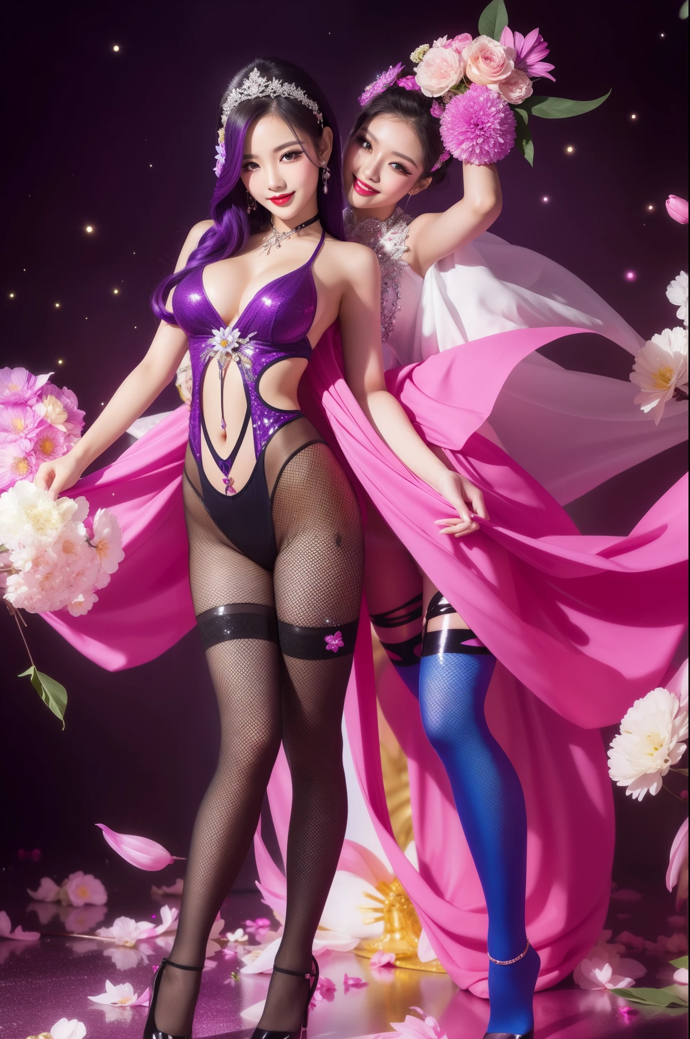 sexy Thai model who controls poison、beautiful smile、lip-gloss、bold lipstick、long lashes、intense makeup、look at the camera、full body Esbian、、sparkling poisoned flower costume、、、、sparkling Colorful hair、secrete poison、skull hair accessories、sexy tights、shiny sparkling flowers background