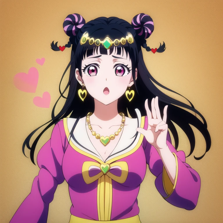 mahoro, 1girl, solo, black hair, heart earrings, braid, double bun,arabian clothes, pink coat, yellow background, heart, necklace, veil, simple background, long hair, looking at viewer, pink eyes, bangs, upper body, heart hair ornament, wide sleeves, :o,collarbone, (circlet), blunt bangs, yellow belt, two-tone hair,heart hands,white dress,(best quality, masterpiece) 