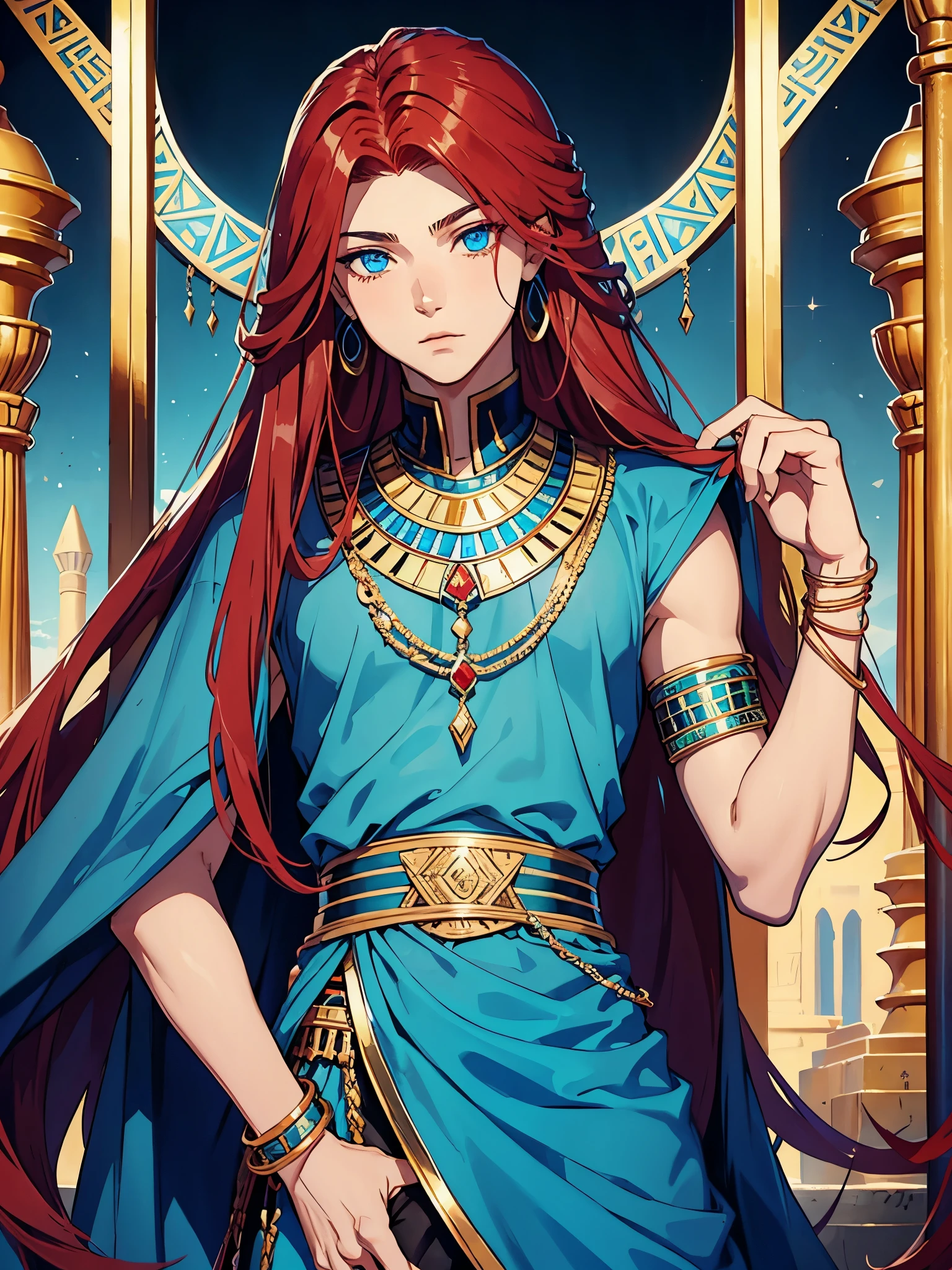 Egyptian deity Seth. Teenager. long red hair, Lots of jewelry. light skin. blue eyes. Rotes Make Up. Sweet boy. boy. narrow. noble dress