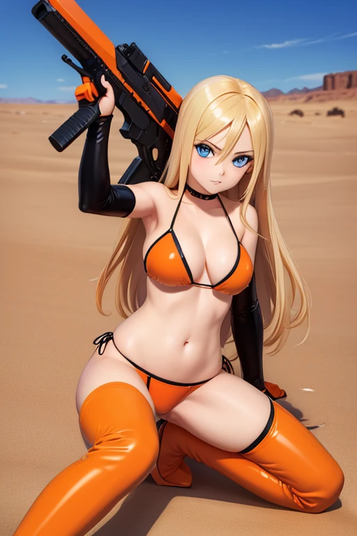 Highest quality,Highest Resolution,(((Dark orange bikini　Thigh-high boots)))　Metal Max 2:Reloaded　Mishka　gun　Blonde　long hair　Blue Eyes　D Cup　20-year-old　end of the century　desert　Warrior　cool