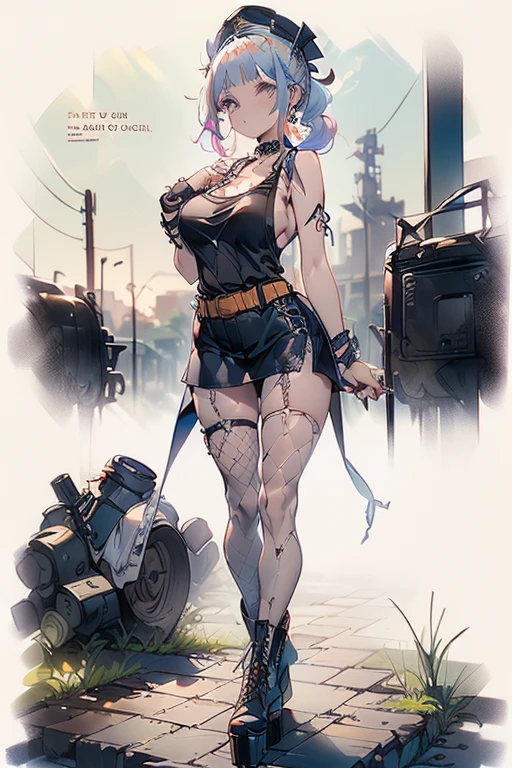 (perky chest:1.2), (pointed chest:1.2),(((Black Tunic:1.3))),(((cakes and bread in the basket),Cute and beautiful girl,masterpiece、highest quality、Very detailed、Beautiful fine details、One Girl、Detailed landscape、Training gym Room Background:1.4、Braided Ponytail、Red camisole、((B cup breasts, Tank top showing underboob:1.3)), black jacket, thigh strap, bangs, necktie, earrings, nail polish, fishnet pantyhose, multicolored hair, looking at viewer, full body, bottle, own hands together, belt, food, animal on head, black necktie, ring, choker, english text paper:1.2, collared shirt, blue eyes, platform boots, hat,lace-up boots ,
