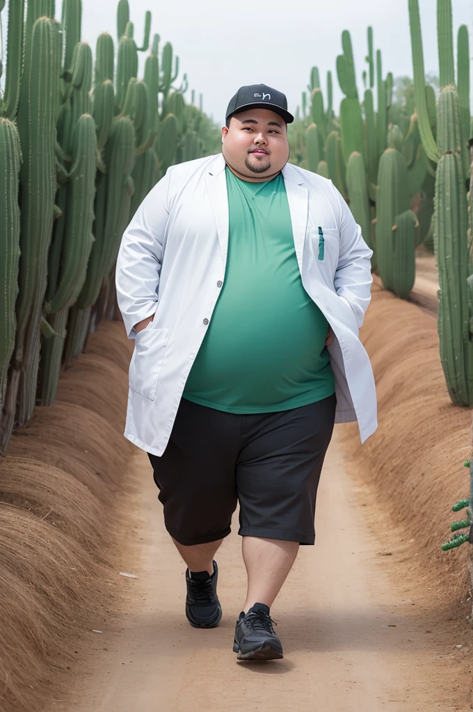 Chubby man wearing a lab coat walking in a cactus plantation