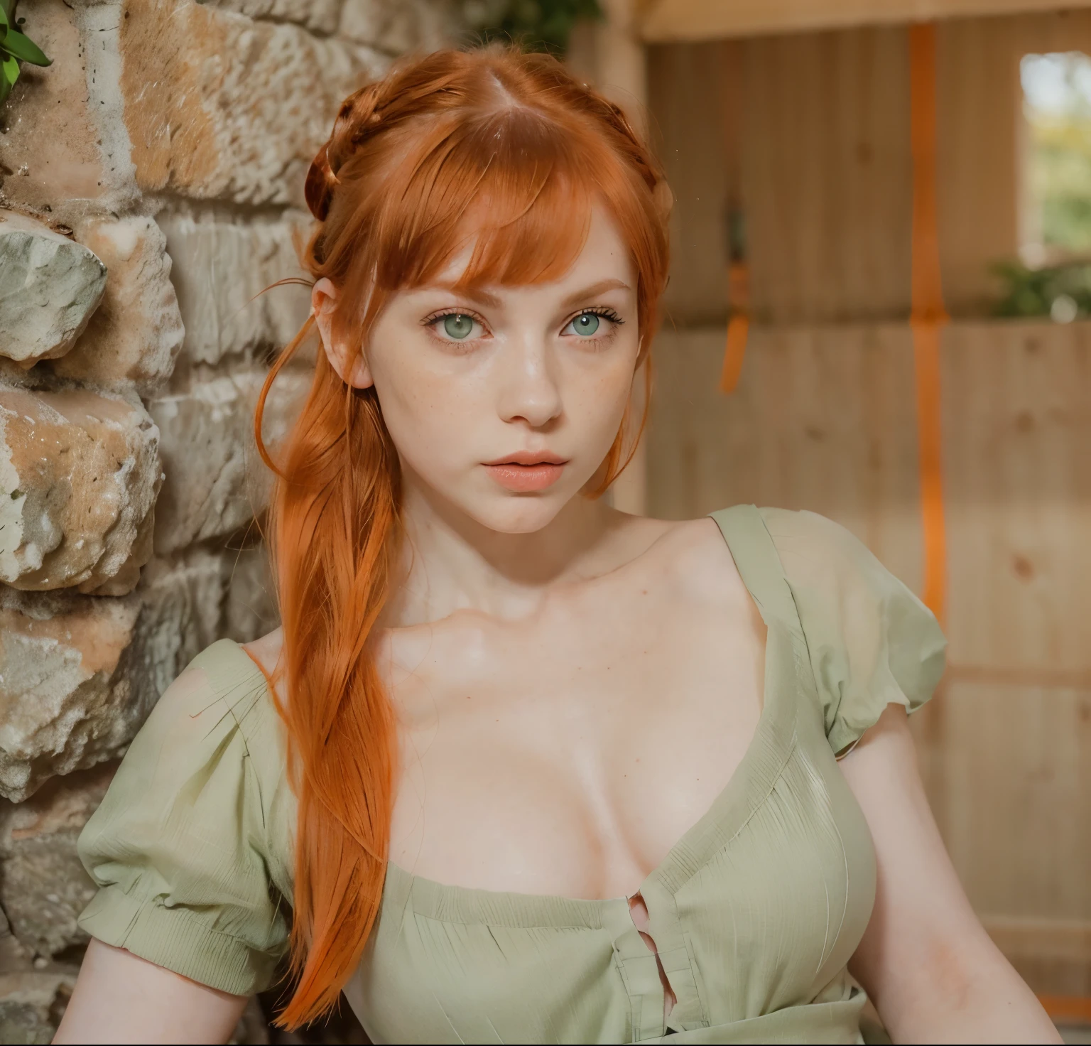 white redhead, woman named Lagertha, ((( very pale skin ))), ((( very light green eyes ))), ((( orange short hair arranged in a bun with bangs ))), lovely and beautiful serious face, freckles, wonderful and perfect realistic naked body, perfect naked small breasts, perfect pointy nipples, realistic naked vagina, realistic labia, perfect bright red lips with bright red lipstick, white background, ((( direct bright lighting in her entire body ))), ((( extremely blushed cheeks ))), ((( bright green iris ))), ((( extreme thin lips ))), (((small lips ))), ((( bright green eyes ))), ((( small iris ))), ((( doll face )))