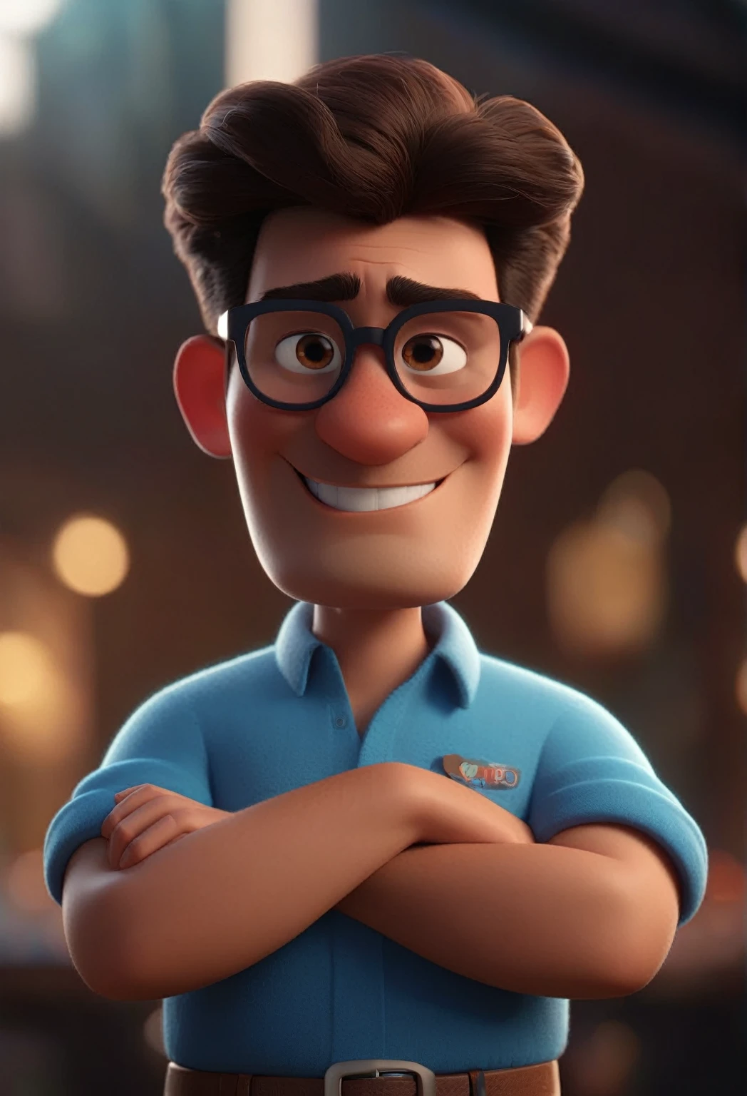 Cartoon character of a man with black glasses and a blue shirt, animation character, Caractere estilizado, animation style rendering, 3D estilizado, Arnold Maya render, 3 d render stylized, toon render keyshot, Personagem 3D, Personagem 3D, 3d rendering stylized, 3 d character render, personagem de desenho animado, Personagem de close up, Pose de personagem, (Estilo Pixar) (master part:1.2) (Bokeh) (best quality) (pele detalhada) (textura detalhada) (8k) (argila) (Cinematic lighting) (foco nítido