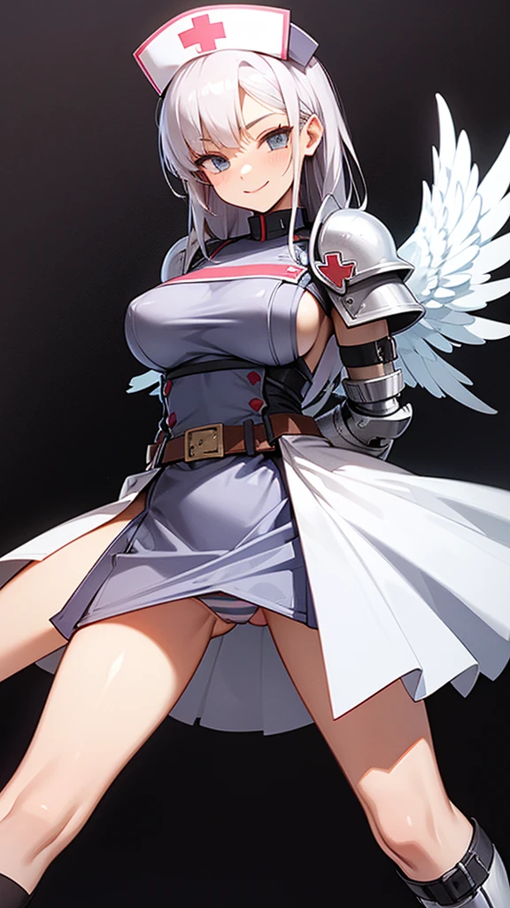 crotch hair, armored nurse uniform, shoulder armor, belt, angel girl, wing, prepare a sword, upskirt, striped panty, spread legs, smile, sideboob, fantasy