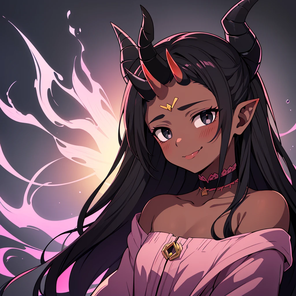 portrait, of an incubus ((male character)), with dark black skin, long flowing mixed hair ((smoky texture hair)), staring at the viewer ((black eyes, tender and melancholic look)), smiling sadly ((  thin lip, slightly pink)), disintegrating little by little on the right side of the face, horn ((small horn, two black horns, on the forehead)).