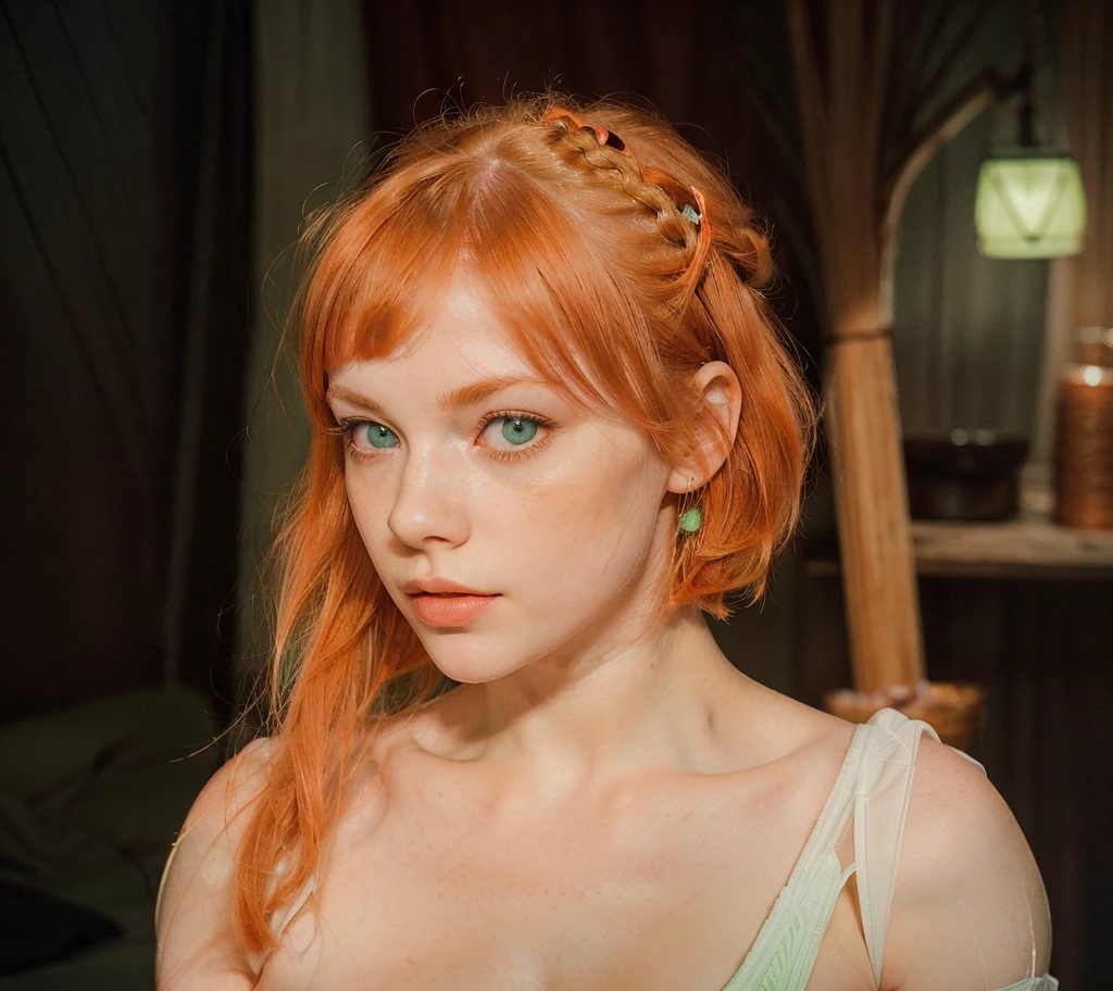 white redhead, woman named Lagertha, ((( very pale skin ))), ((( very light green eyes ))), ((( orange short hair arranged in a bun with bangs ))), lovely and beautiful serious face, freckles, wonderful and perfect realistic naked body, perfect naked small breasts, perfect pointy nipples, realistic naked vagina, realistic labia,  perfect bright red lips with bright red lipstick, white background, ((( direct bright lighting in her entire body ))), ((( extremely blushed cheeks ))), ((( bright green iris ))), ((( extreme thin lips ))), (((small lips ))), ((( bright green eyes ))), ((( small iris ))), ((( doll face )))