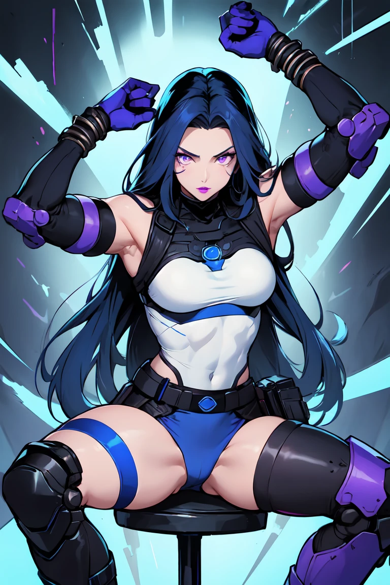 1. Light skinned woman 2. Long spiky navy blue hair/dark 3. lips painted blue and purple 4. Purple eyes 5. Attractive clothing with technological implants whose predominant colors are Blue and Purple (Example Alita from Battle Angel) 6. wears dark blue boots 7. He has blue gloves 8. Both his arms and legs are uncovered., that is to say, his technological combat suit only covers his torso, waist and chest, the elbows, arms and legs are uncovered. robot