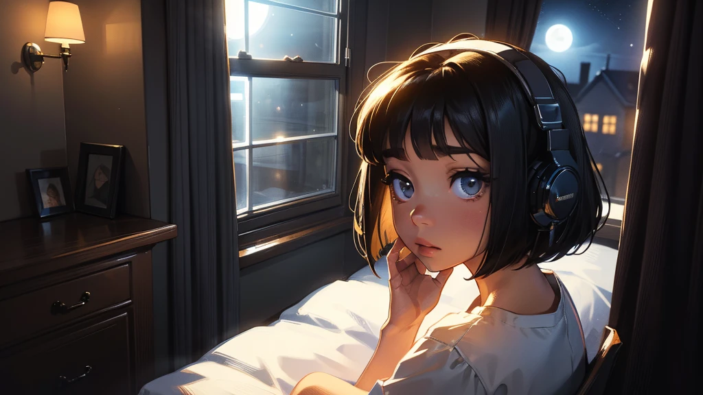Create a highly detailed beautiful woman, Perfect face,Black Hair, bob cut,Illustration of bangs, Sitting sideways at the window of her room, She is wearing headphones，Expressing sadness and introspection, The moonlight shines softly into the room, Gently illuminate the space, The curtains sway in the breeze, Enhance tranquility, melancholic atmosphere, Emphasizes the theme of loneliness, Be quiet, and late at night, The room is dark，But the moonlight slightly illuminates the room
