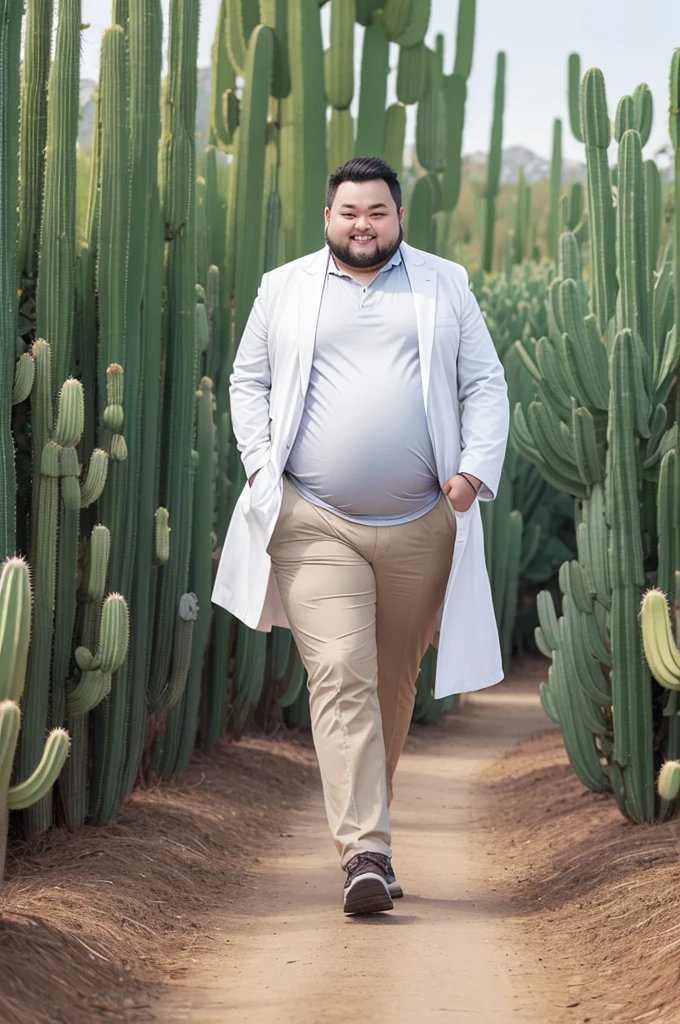 Chubby man wearing a lab coat walking in a cactus plantation